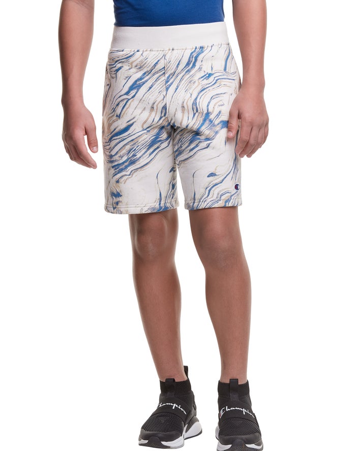 Champion Drenge Shorts Hvide/Blå - Reverse Weave Fleece Marble Dye Print - Danmark XLF-493580